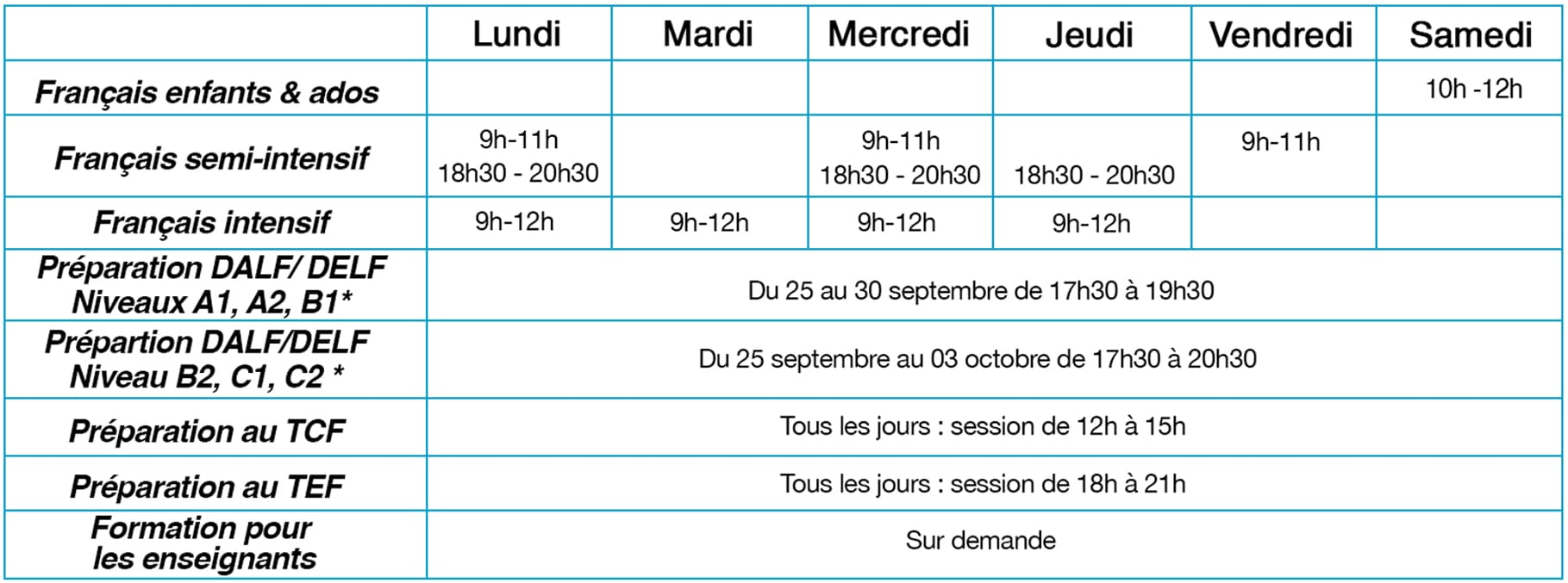 Planning des cours de français